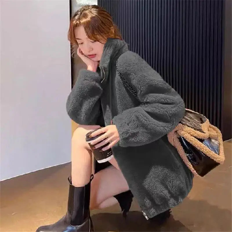 Women Winter Coat - Warm Double Coral Fleece Zipper Closure Jacket With Stand Collar