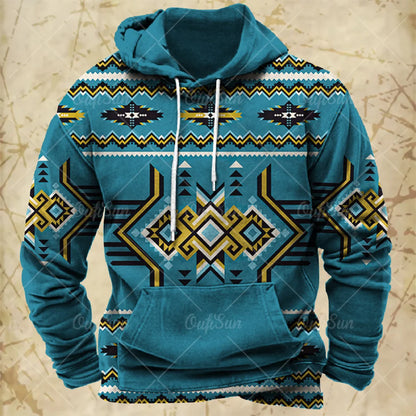 Men Hooded Vintage Print  Sweatshirt Ethnic Style Hoodie Autumn and Winter Oversized Casual Men's Clothing Daily Street Pullover