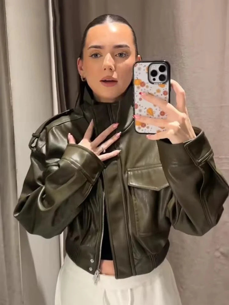 Faux Leather Jackets - Women's Casual Zipper Outerwear Coats With Turtleneck Collar