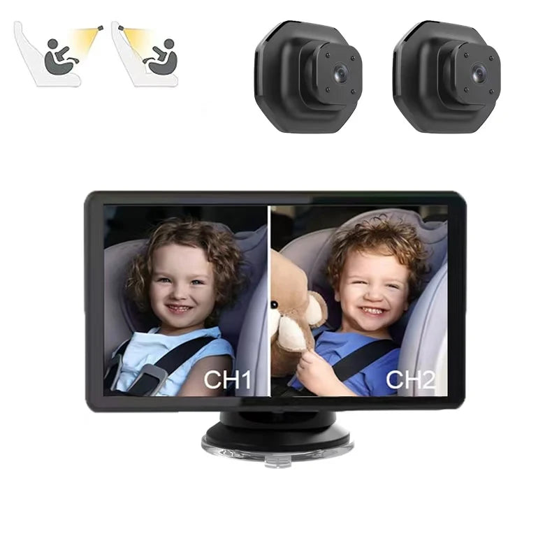 1080P dual lens car baby monitor, 3 installation methods, rear seat visible, adjustable lens, 5-inch IPS screen