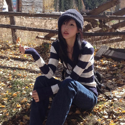 Karrram Japanese Y2k V-neck Striped Sweater Vintage Harajuku Knit Slim Pullovers Korean Style Winter Knitwear 2000s Aesthetics