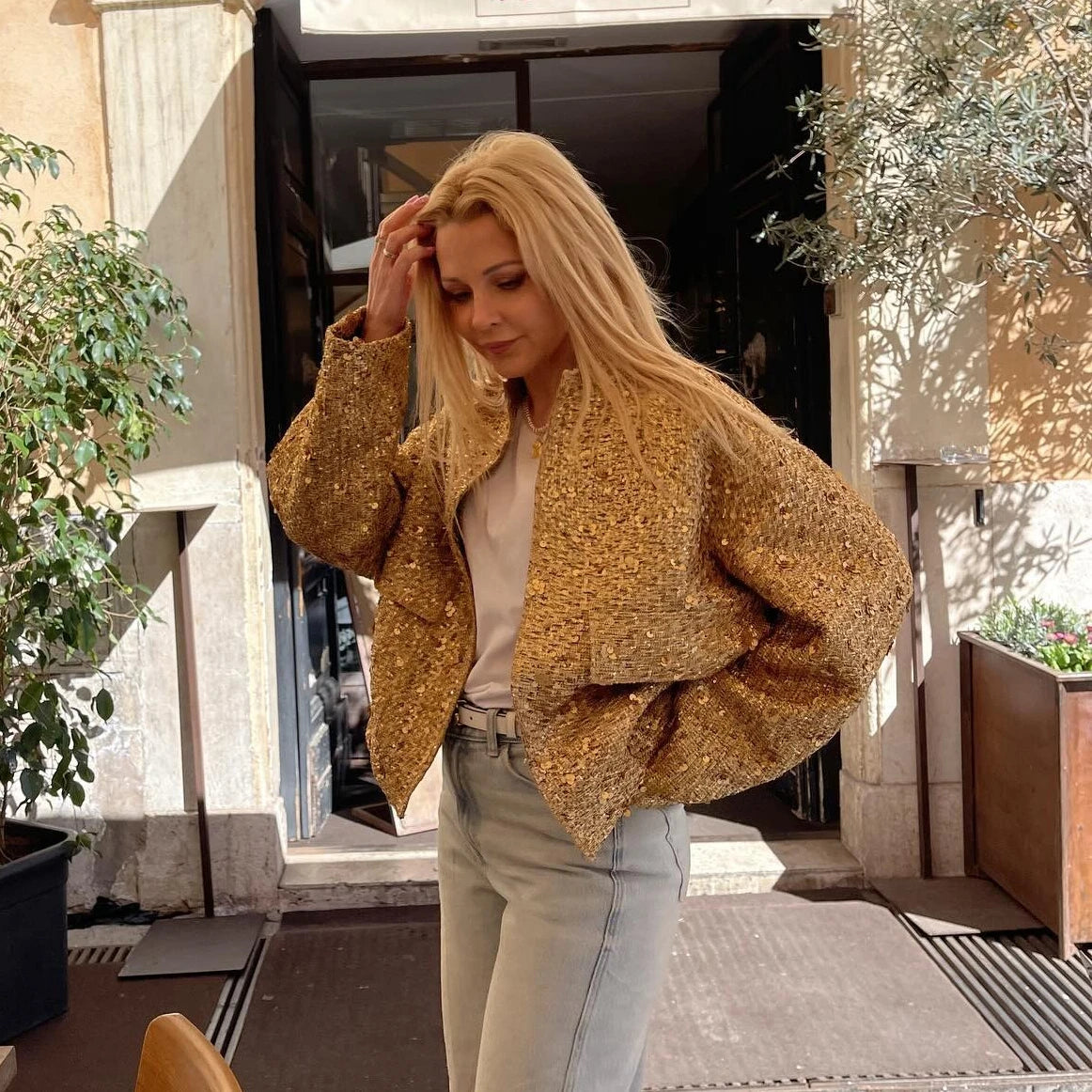 Suninheart Women's Sequined Bomber Jacket Fall O Neck Long Sleeve Gold Sequins Jacket Coat Female Glitter Chic Outerwear