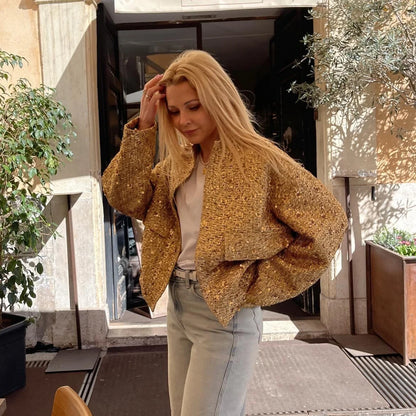 Suninheart Women's Sequined Bomber Jacket Fall O Neck Long Sleeve Gold Sequins Jacket Coat Female Glitter Chic Outerwear