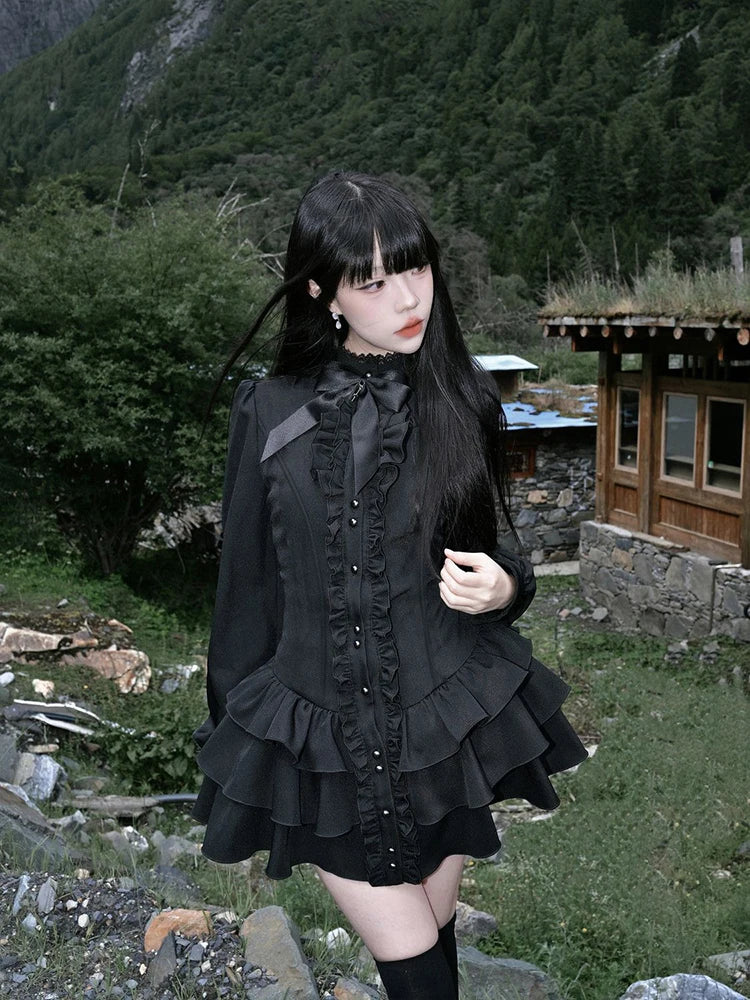 Y2K Lolita Dress - Gothic Mini Patchwork Lace Vintage Black Ruffle Slim Fit