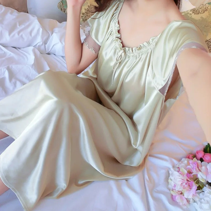 Ice Silk Lace Long Sleepwear V-neck Sleepwear Set Nightdress Homewear Nightwear Pyjamas Female  Nightgown Loose Plus Size