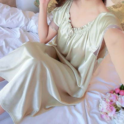Ice Silk Lace Long Sleepwear V-neck Sleepwear Set Nightdress Homewear Nightwear Pyjamas Female  Nightgown Loose Plus Size
