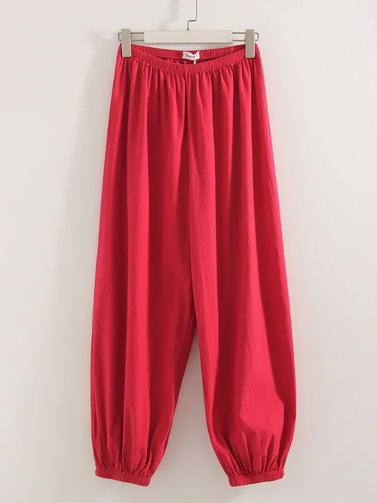 Wide Leg Red Pants For Women Cotton Long Bloomers White Autumn Elastic Waist Lantern Trousers Women Straight Practice Pants Lady