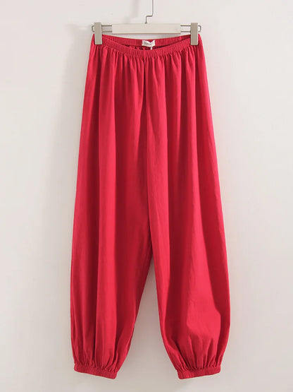 Wide Leg Red Pants For Women Cotton Long Bloomers White Autumn Elastic Waist Lantern Trousers Women Straight Practice Pants Lady