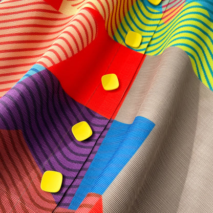 Miyake Pleated Drape Dress Women 2024 Spring Summer Colorblock Printing Lapel 3/4 Sleeve Single-breasted Fashion Shirt Dresses