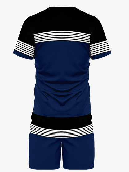 Men's summer breathable and comfortable round neck T-shirt top shorts set with striped pattern print outdoor two-piece set