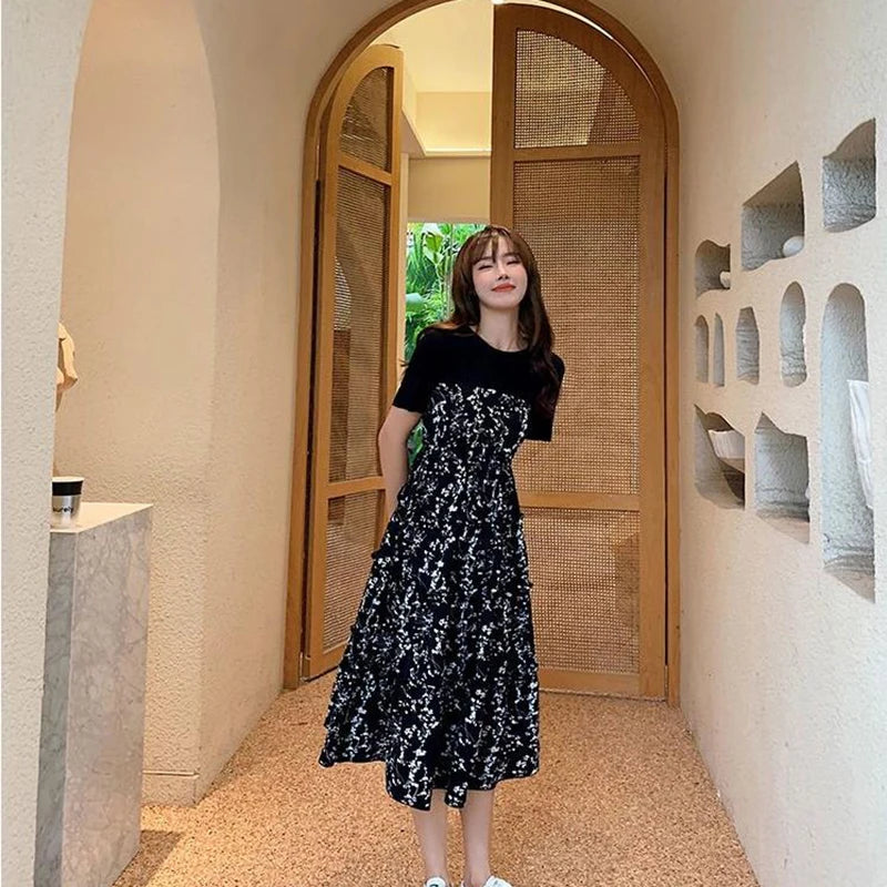 Women's T-shirt Fake two Pcs Korean style Summer Dress Mid-Length Floral Printed Boho Casual Daily Chiffon floral black Dress