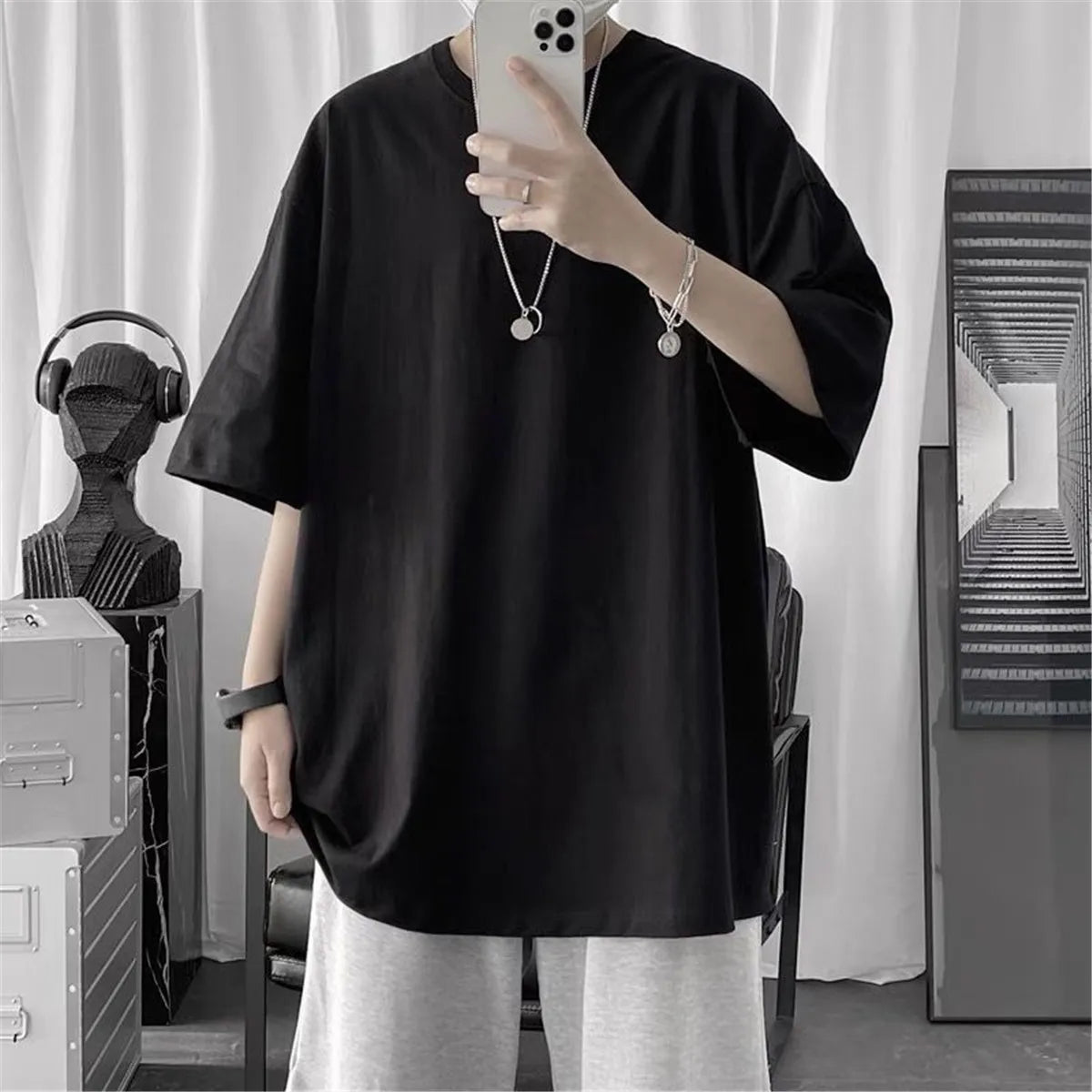 Cotton Summer Fashion Men's T Shirt Casual Solid Short Sleeve Classical Tee Mens 100% Cotton Korean Hip-Hop Top Tees Black White