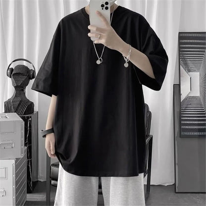 Cotton Summer Fashion Men's T Shirt Casual Solid Short Sleeve Classical Tee Mens 100% Cotton Korean Hip-Hop Top Tees Black White