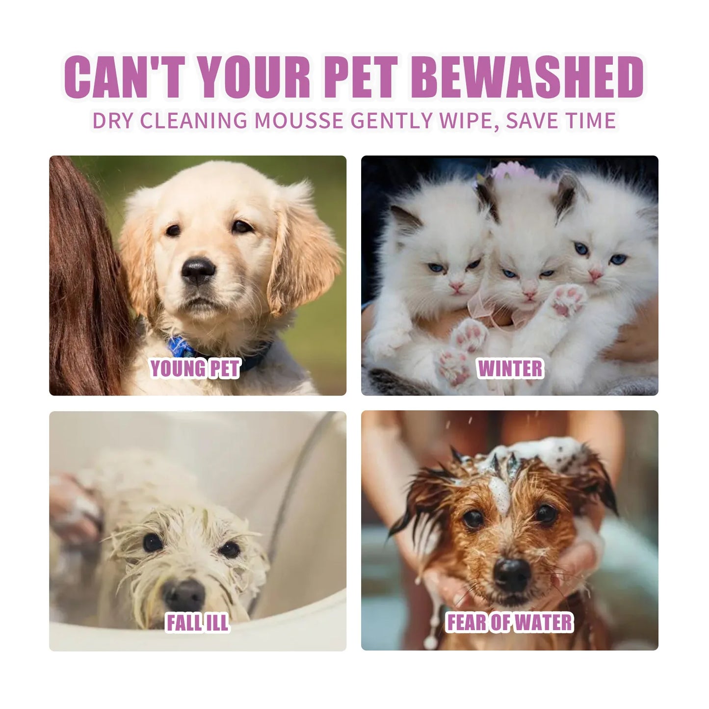 Water Free Dry Cleaning Mousse for Cats Dogs No Rinse Foam Spray Shampoo with Deodorizing Deep Cleaning Gentle Bath Gel