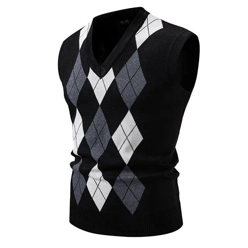 New Mens Argyle Knitwear Vest V Neck Sleeveless Casual Slim Fit Pullover Knitted Sweater Outdoor Streetwear Casual Tank Tops