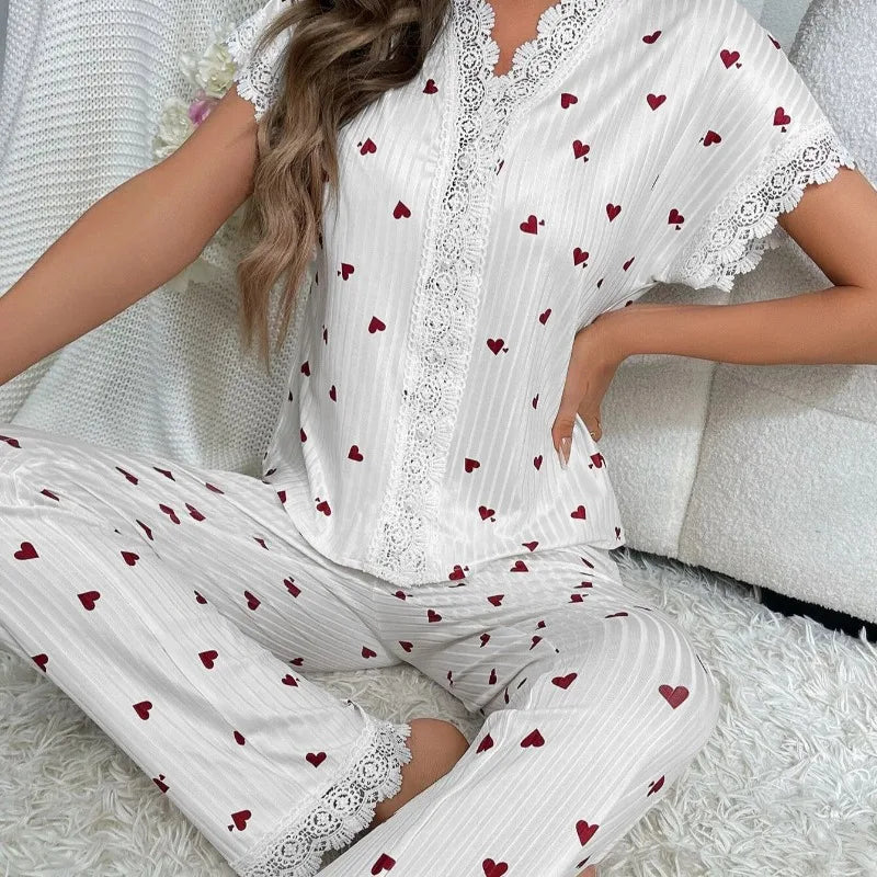 New Fashion Women's Pajamas Autumn and Winter Collar Lace Printed Shirt Trousers Homewear Homewear Homewear Lingerie