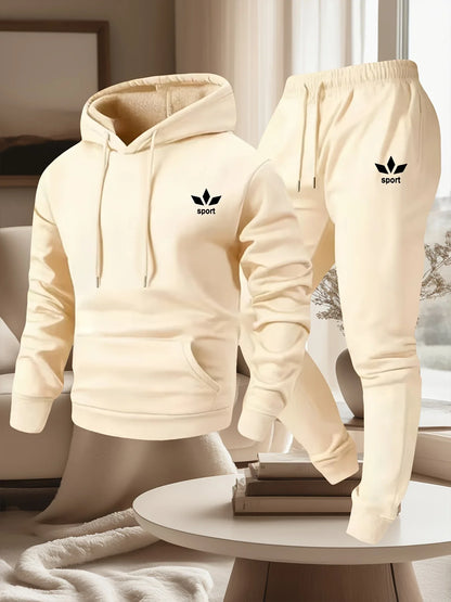 Men Sport Printed Tracksuit 2 Piece Set Warm Lined Drawstring Hoodie Jogger Pants Casual Sports Sweat Outfit For Autumn Winter