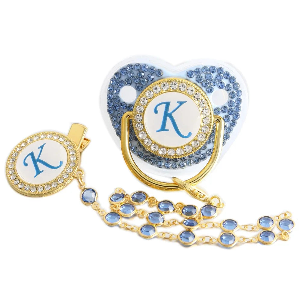 Blue Baby Pacifier - Orthodontic Nipple Silicone Teether Toy with Rhinestone Chain Clip
