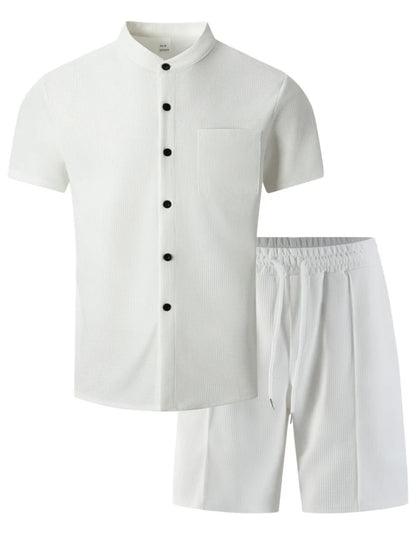 Men's new summer style waffle plain-color crew-neck t-shirt with pocket short-sleeved set with beach shorts men's casual suit