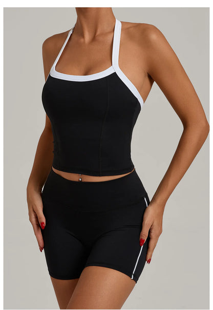 Fashion Patchwork Skinny Shorts Set Gym Women Workout Clothing Summer Sleeveless Backless Fitness Sport Suit Women Sportwear Red