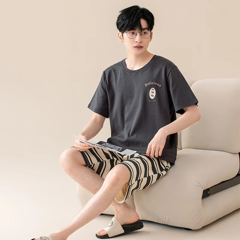 Couple Pajamas Set Summer Short-Sleeved Sleepwear 100% Cotton Men and Women Pyjamas