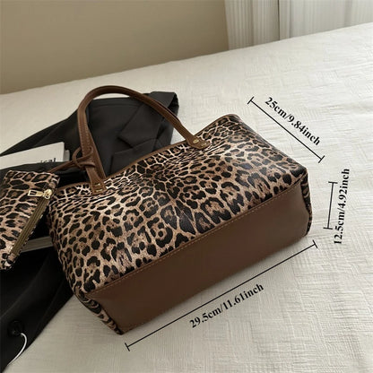 Leopard Print Tote Bag - Women's PU Leather Large Capacity Casual Travel Purse