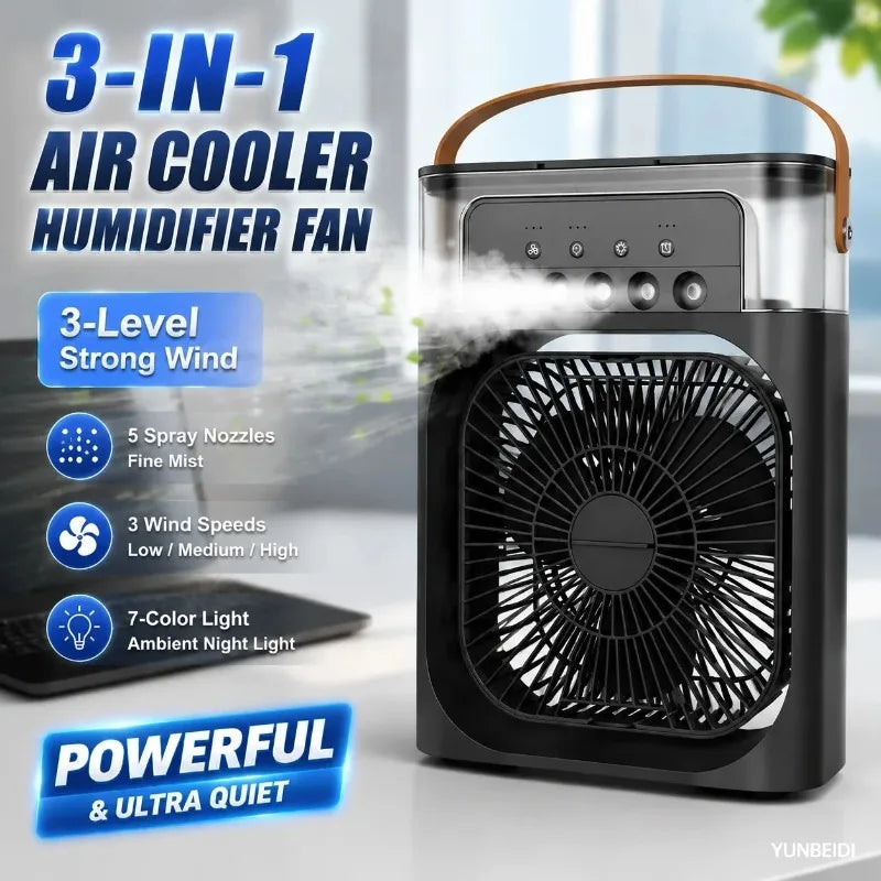 Portable 3-in-one Fan Air Conditioner with LED Light Humidifier and Timing Function Desktop Spray Fan for Home Office
