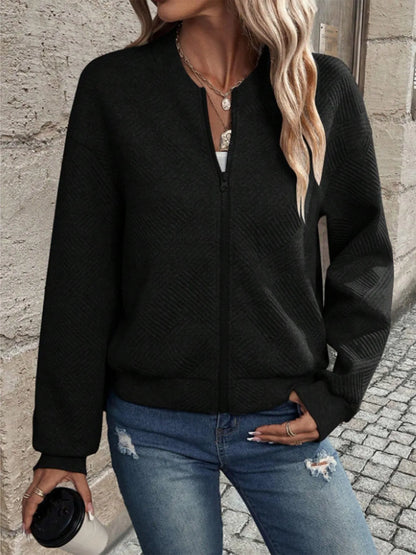 Women's Casual Zipper Jacket - Polyester Spandex Knit Fabric Spring Autumn Coat