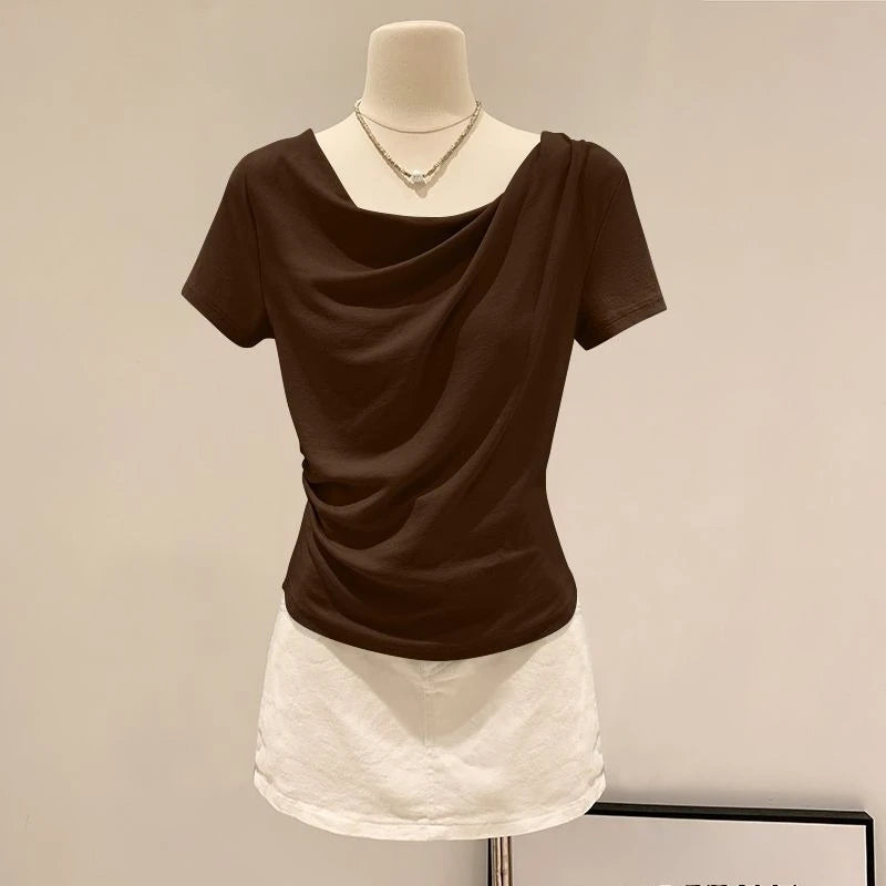 Summer Off Shoulder Top Women Summer Fashion Versatile Base Shirt Plus Size Slim Fit Short-sleeved T-shirt Casual and Sexy Beach