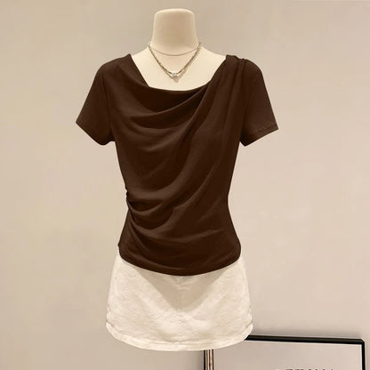 Summer Off Shoulder Top Women Summer Fashion Versatile Base Shirt Plus Size Slim Fit Short-sleeved T-shirt Casual and Sexy Beach
