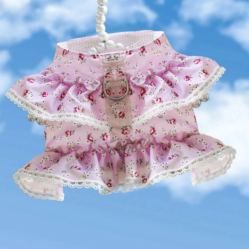 Lace Floral Dog Cat Harness Leash Set For Small Dogs Dress Cute Adjustable Pet Harness Vest Breathable Mesh Running Walking Lead