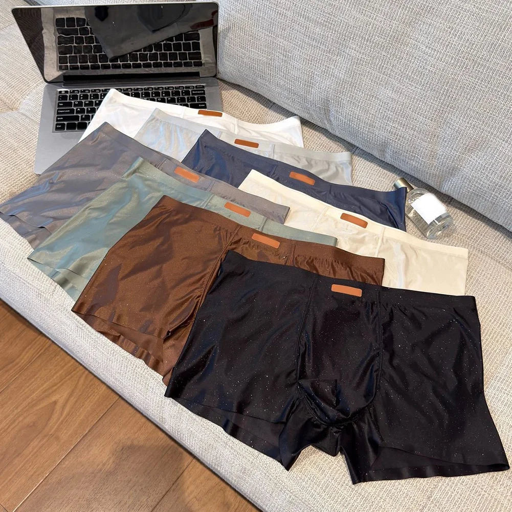 1pc Men Satin Trunks Seamless Shiny Boxer Shorts Ice Silk Middle Waist Panties Solid U Convex Bulge Pouch Underwear Breathable