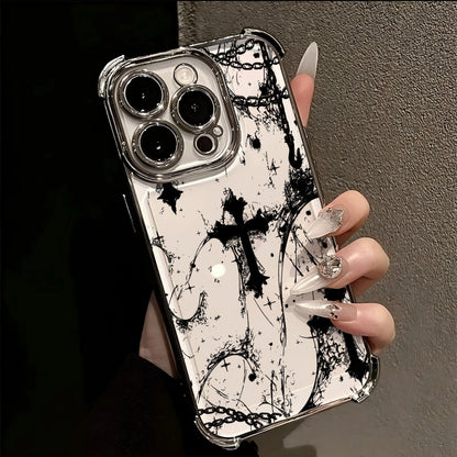 Cool Dark Gothic Cross Mark Line Plating Phone Case For IPhone 17 16e 16 15 14 13 12 11 Pro Max X XR XSMax 7 8 Mini Air Plus