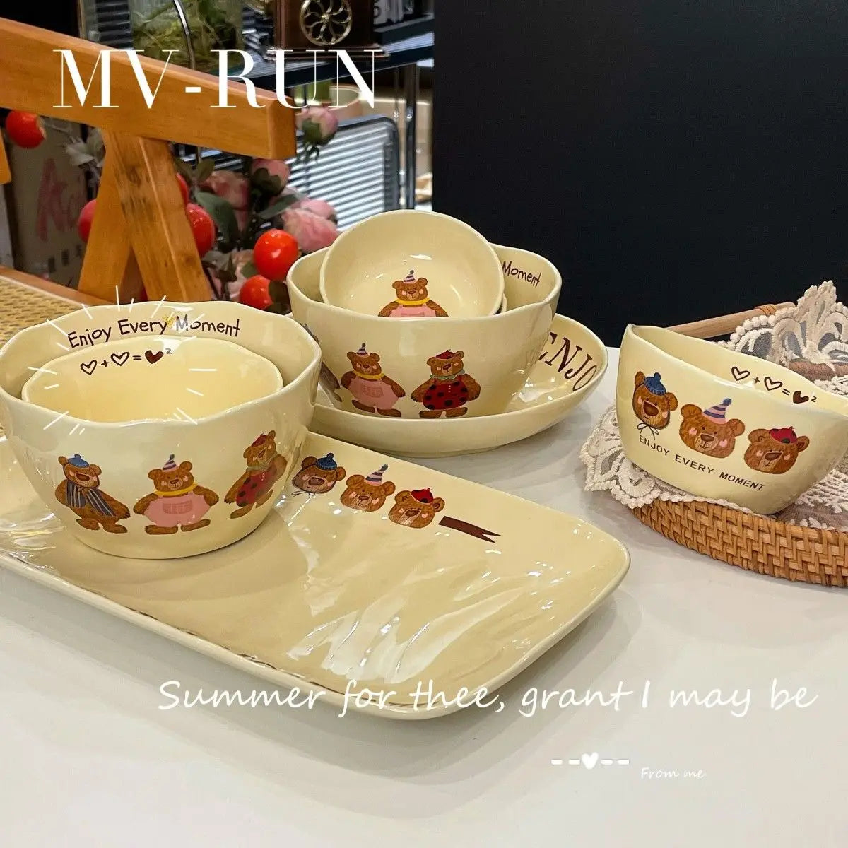 Korean Three Little Bear Cartoon Bowls - Cute Ceramic Tableware Set