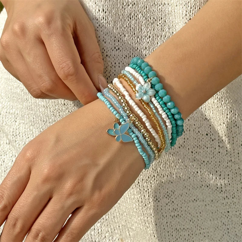 9pcs/set Bohemian Butterfly Flower Pendant Bracelet for Women Handmade Rice Beads Stacked Bracelet Summer Beach Party Jewelry