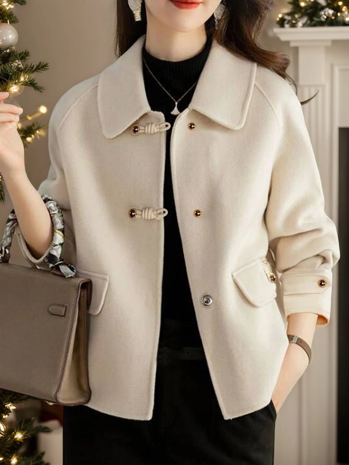 Short Coats Women – Elegant Double Breasted Formal Office Coat With Turn-Down Collar