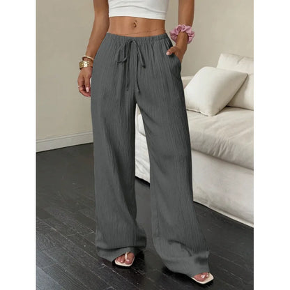 Women's Elegant Multi-Functional Stretch Waist Comfortable Casual Pants, Slightly Stretchy Simple Solid Textured Fabric High-Waist Wide-Leg Pants with Drawstring Waist and Slanted Pockets