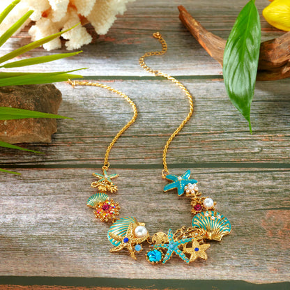 Exaggerated Metal Starfish Shell Pearl Necklace for Women Summer Ocean Coral Scallop Pendant Necklace Boho Beach Jewelry Gift
