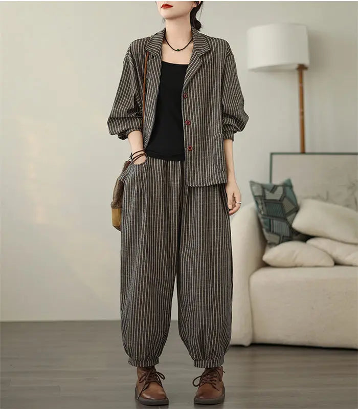 Retro Stripe Cotton And Linen Suit 2024 Women's Autumn Temperament Casual Wide Leg Harem Pants Loose Oversized 2 Piece Set K2478