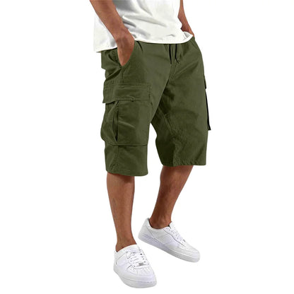 2026 Summer men loose straight pants Casual multi-pocket Shorts pure color fashion Men Shorts drawstring daily cargo short pants