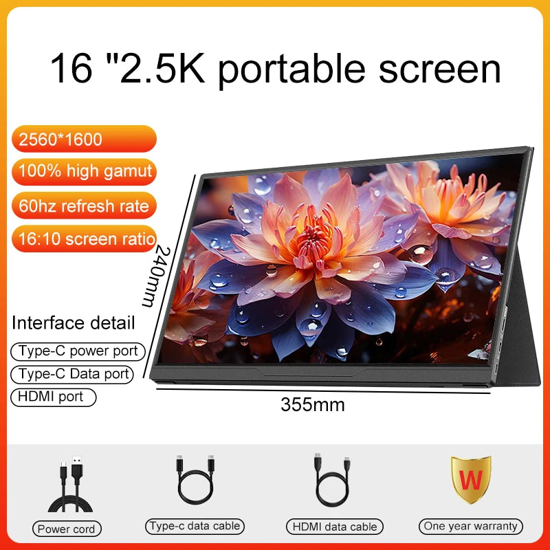 16inch Portable Monitor - USB C Portable Display | IPS Panel Slim Travel Monitor