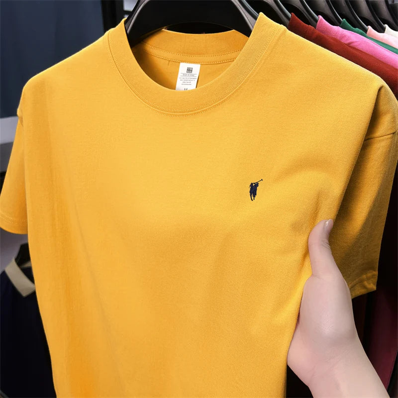 Xiaoma Embroidery Casual Pure Cotton Short Sleeved T-shirt for Young Men, Round Neck Solid Color T-shirt for Men