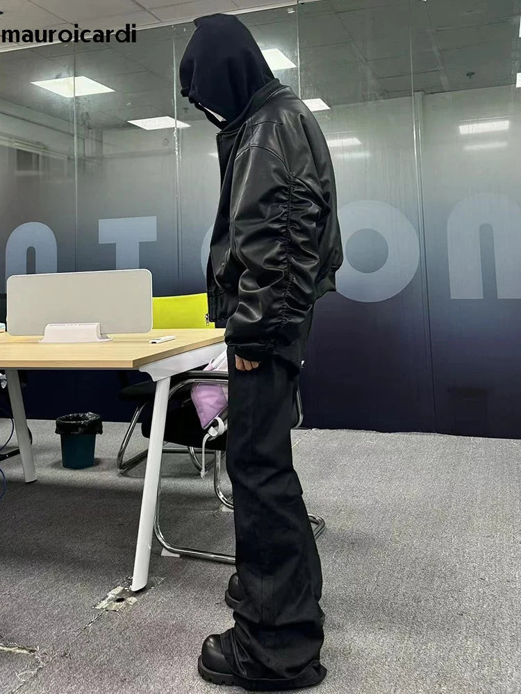 Mauroicardi Autumn Winter Oversized Cool Black Thickened Warm Pu Leather Jacket Men Hood Luxury Designer Fake 2 Clothes