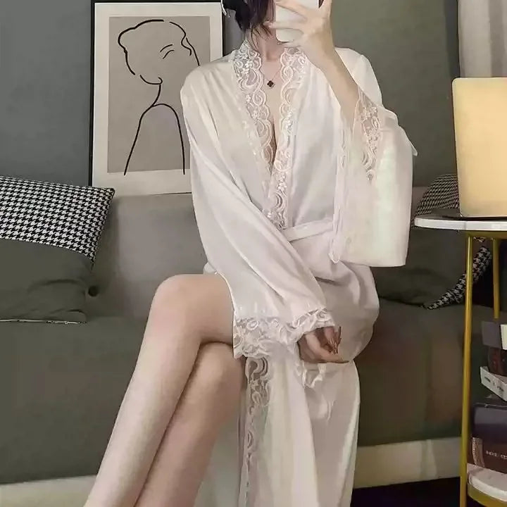1 Piece Women's Ice Silk Satin Glossy Robe Pajamas Plus Size Nightgown Elegant Lace Homewear Fashion Casual Loungewear