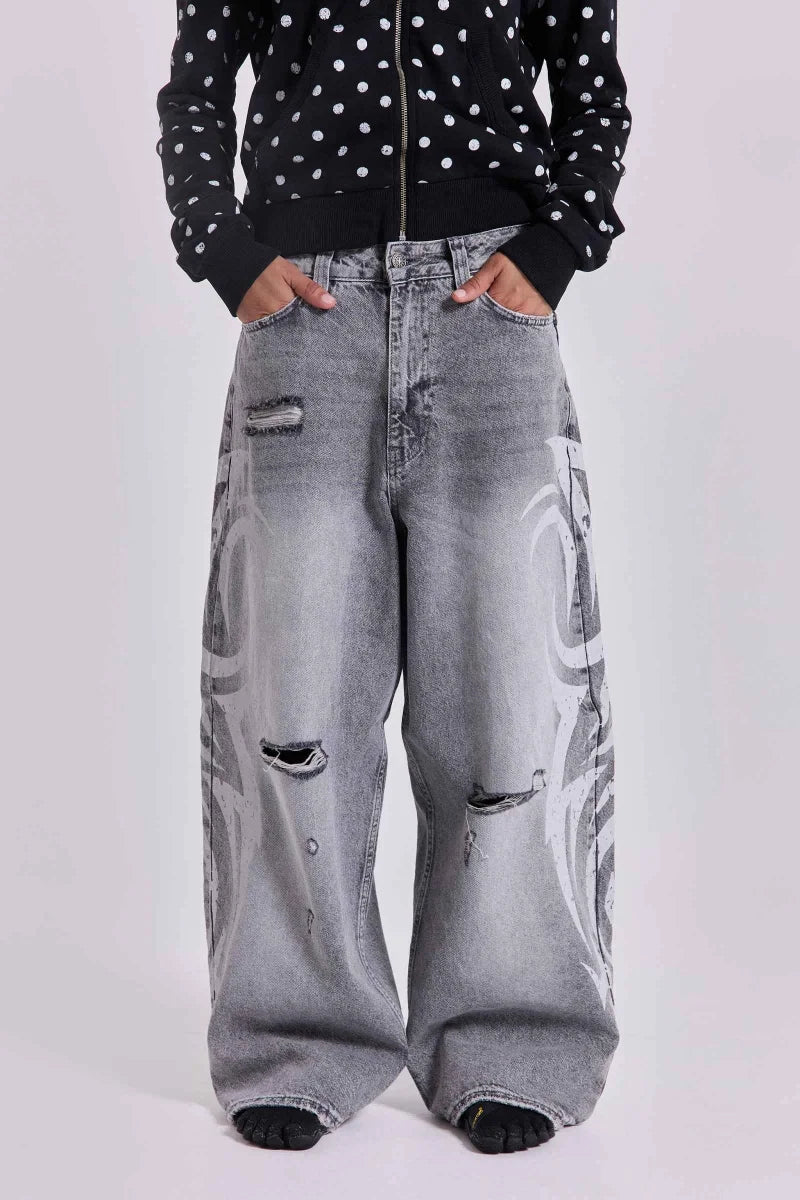 Loose Jeans Women Graffiti Print Baggy Wide Leg Straight Leg Ripped Floor Pants Harajuku Y2k Gothic Unisex Work Denim Pants