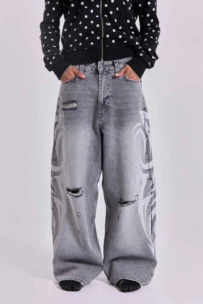 Loose Jeans Women Graffiti Print Baggy Wide Leg Straight Leg Ripped Floor Pants Harajuku Y2k Gothic Unisex Work Denim Pants