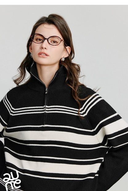 TOYOUTH Women Knitted Sweater 2026 Autumn New Fashionable Style Striped Zipper High Collar Woolen Pullover Sweater Tops