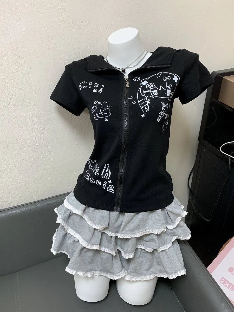 2026 Zebra Print Zip Up Hoodie Women's Clothing Hooded Short Sleeve Sweatshirts Y2k Tops Punk Causal Tees Fashion Summer Hoodies
