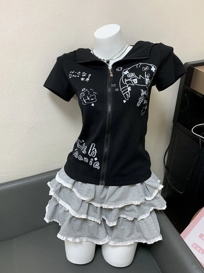 2026 Zebra Print Zip Up Hoodie Women's Clothing Hooded Short Sleeve Sweatshirts Y2k Tops Punk Causal Tees Fashion Summer Hoodies