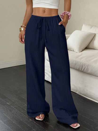 Women's Wide-Leg Cotton-Linen Blend Casual Floor-Length Pants Relaxed-Fit Drawstring Trousers for Home & Strolls